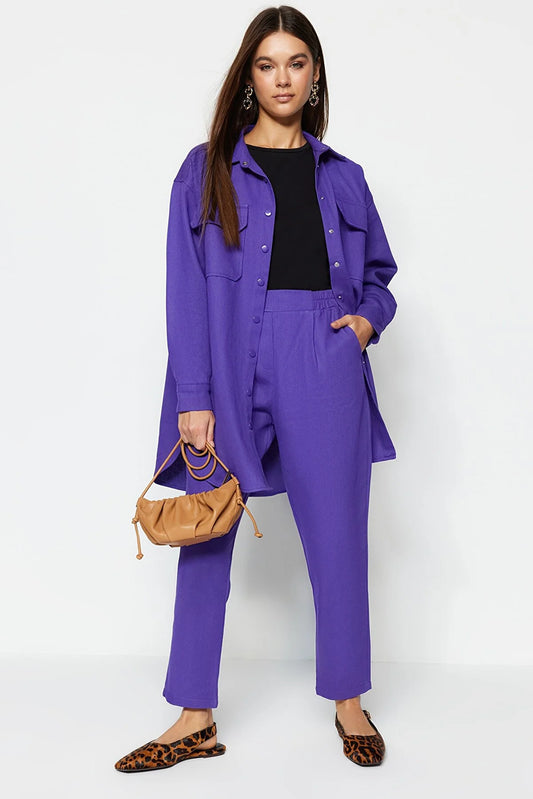 Purple Pocket Detailed Snap Closure Shirt-Pants Woven Suit
