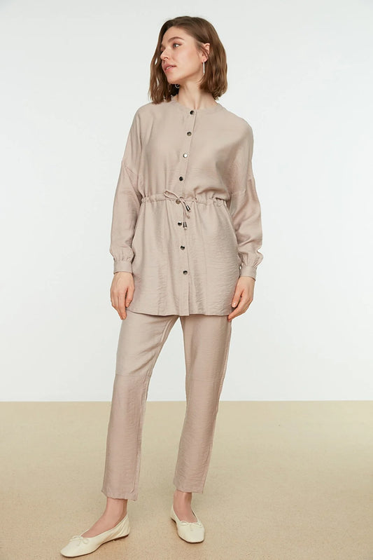 Beige Tie Waist Shirt-Pants Woven Suit