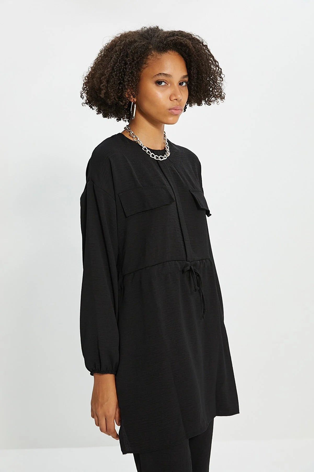 Black Tie Waist Pocket Detailed Aerobin Shirt-Pants Set