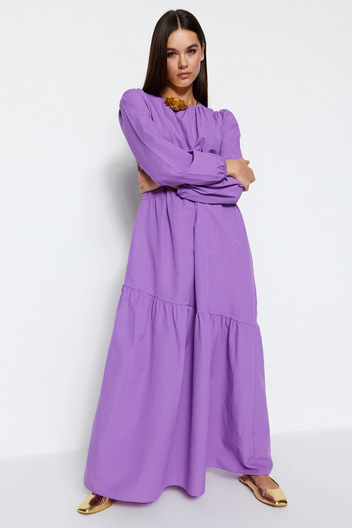 Purple Ruffle Detailed Crew Neck Cotton Woven Dress