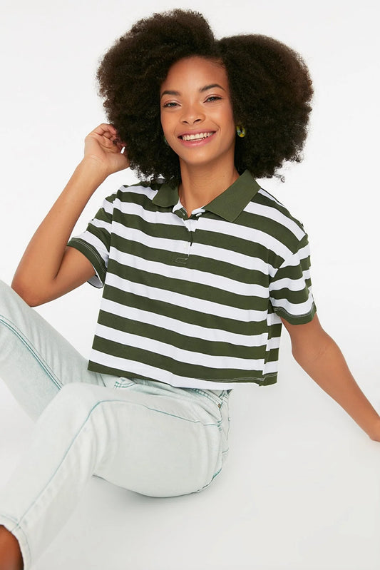 Khaki Crop Polo Neck Knitted T-Shirt