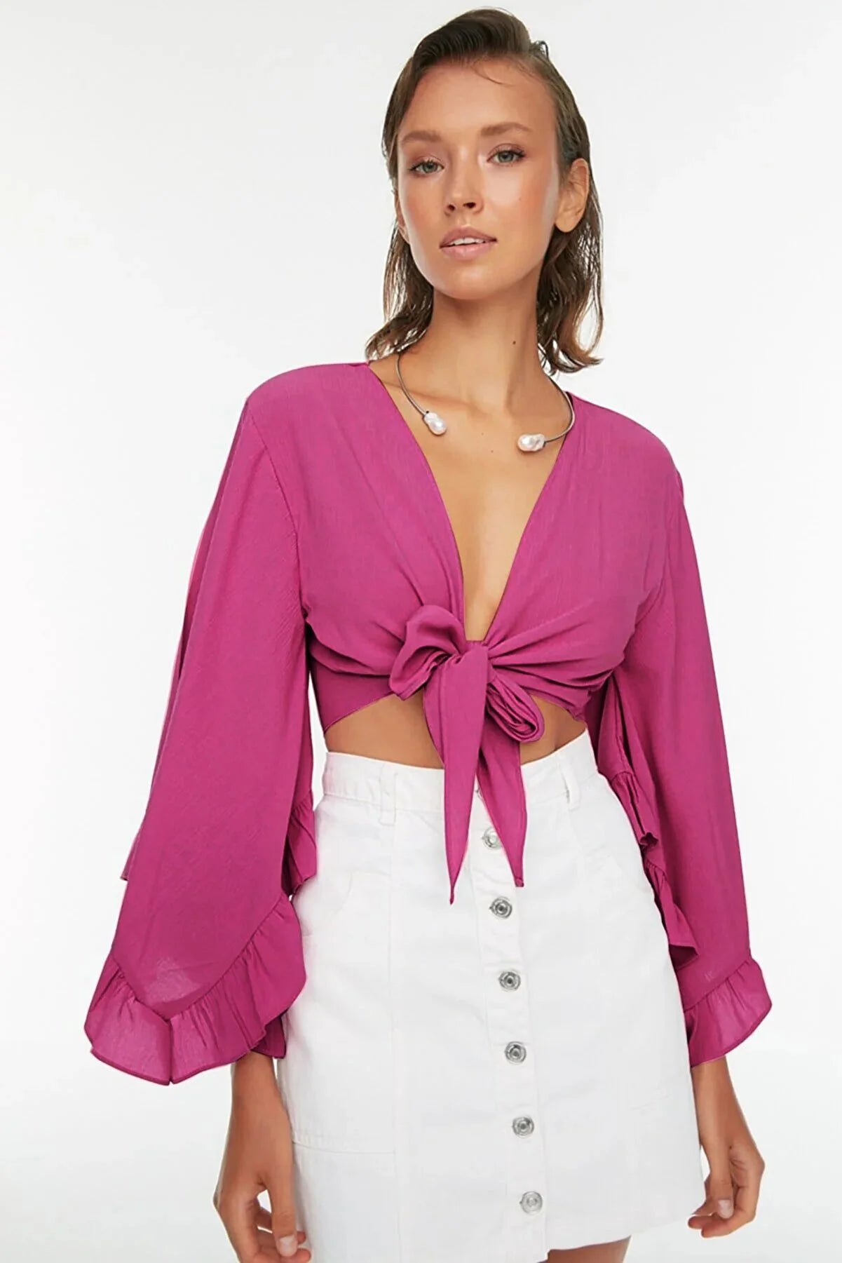 Fuchsia Flywheel Detailed Viscose Beach Blouse