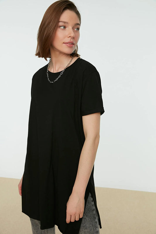 Black Basic Short Sleeve Slit Single Jersey T-Shirt