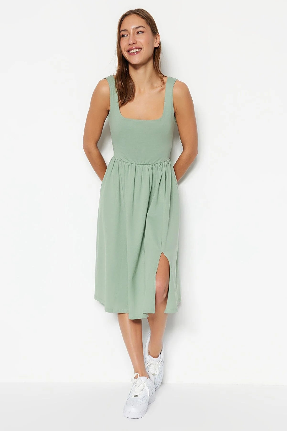 Mint Square Neck Slit Detailed Knitted Dress