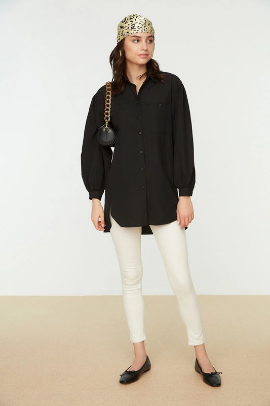Black Balloon Back Sleeve Long Pocket Detailed Basic Woven Shirt