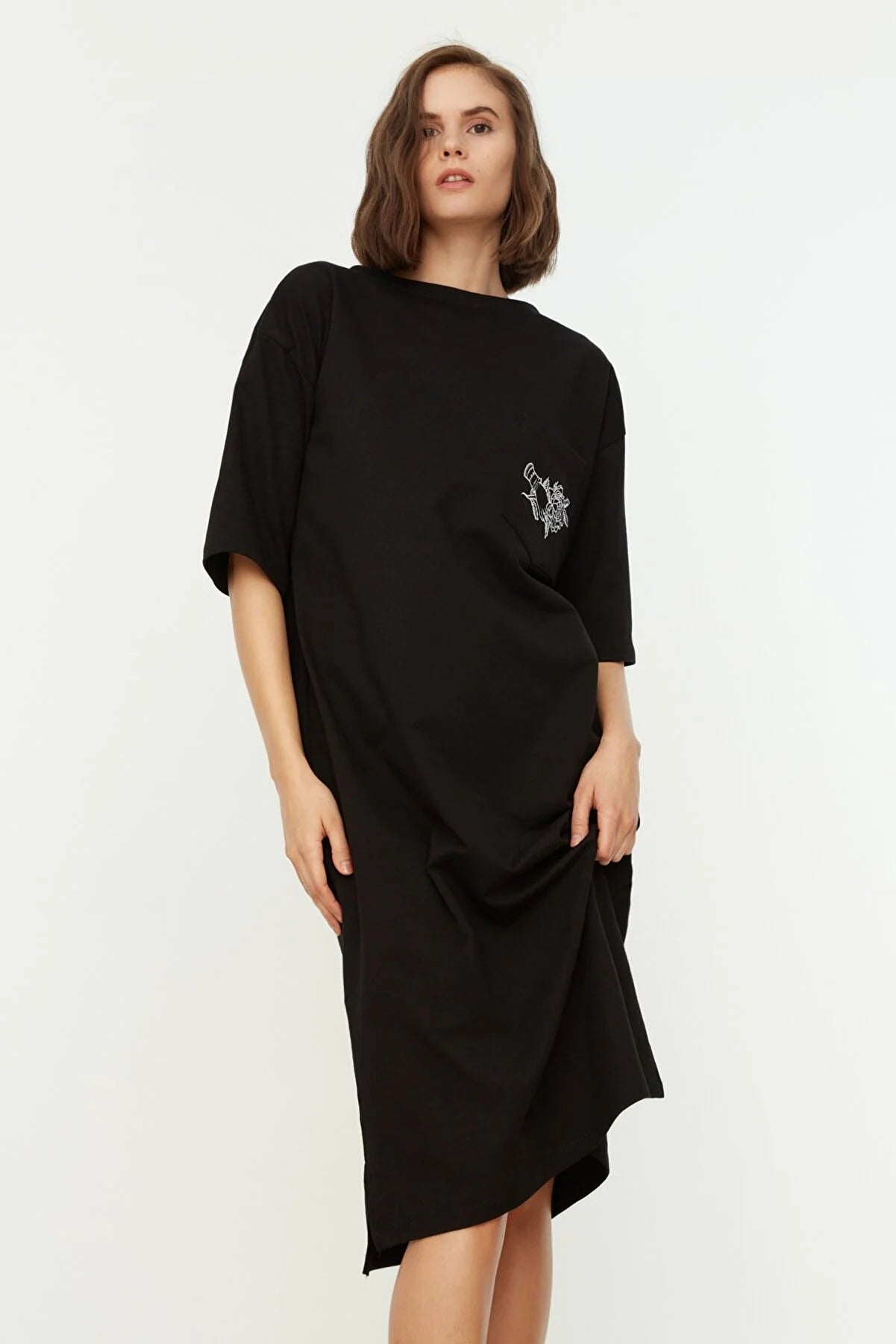 Black Embroidered Wide Cut Knitted Dress