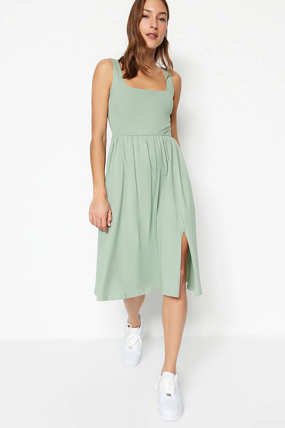 Mint Square Neck Slit Detailed Knitted Dress