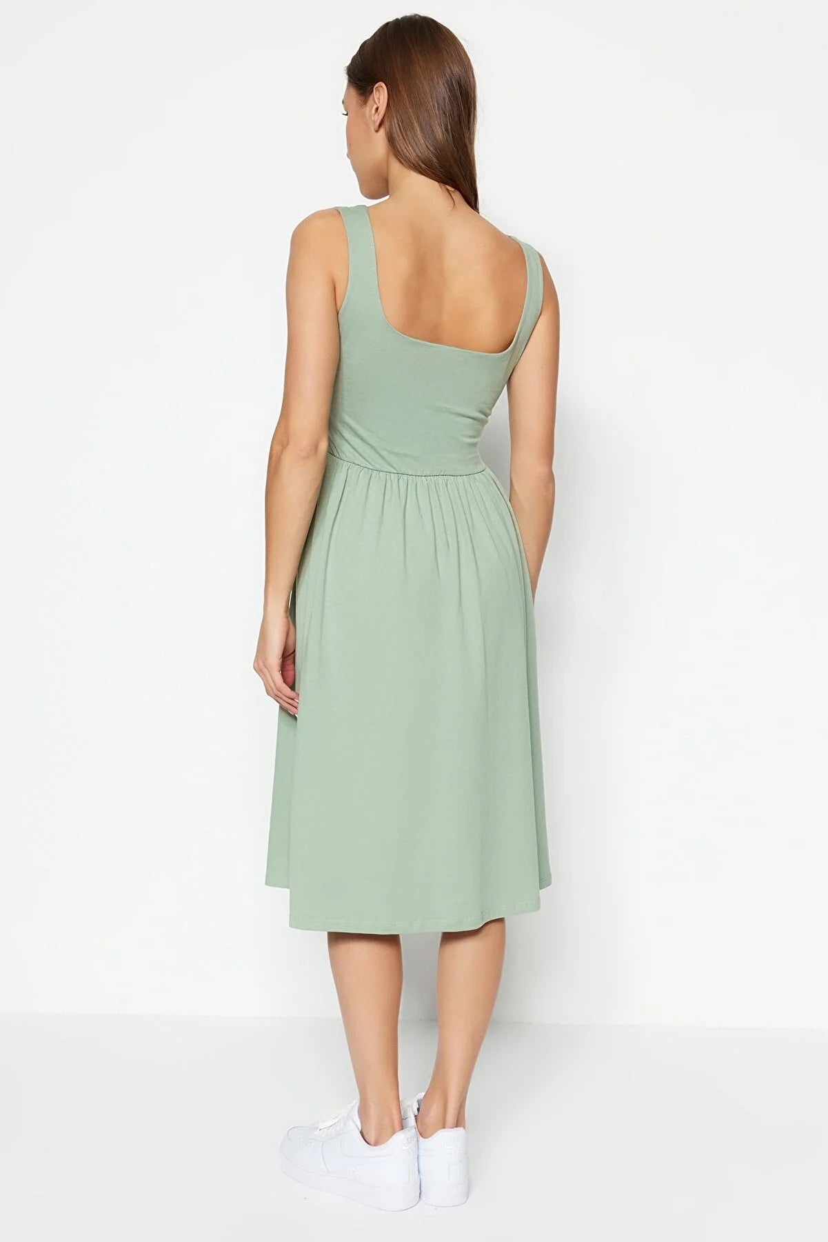 Mint Square Neck Slit Detailed Knitted Dress