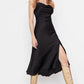 Black Plunging Collar Satin Dress