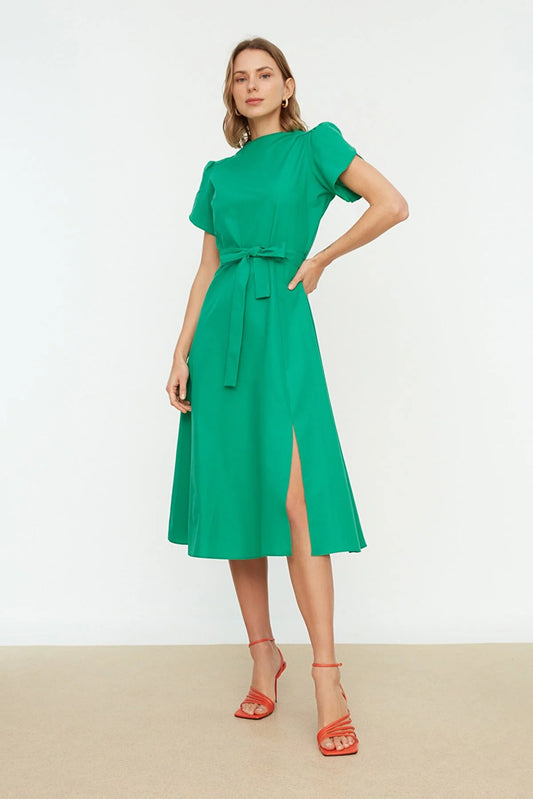 Green Belted Sleeve Detailed Dress