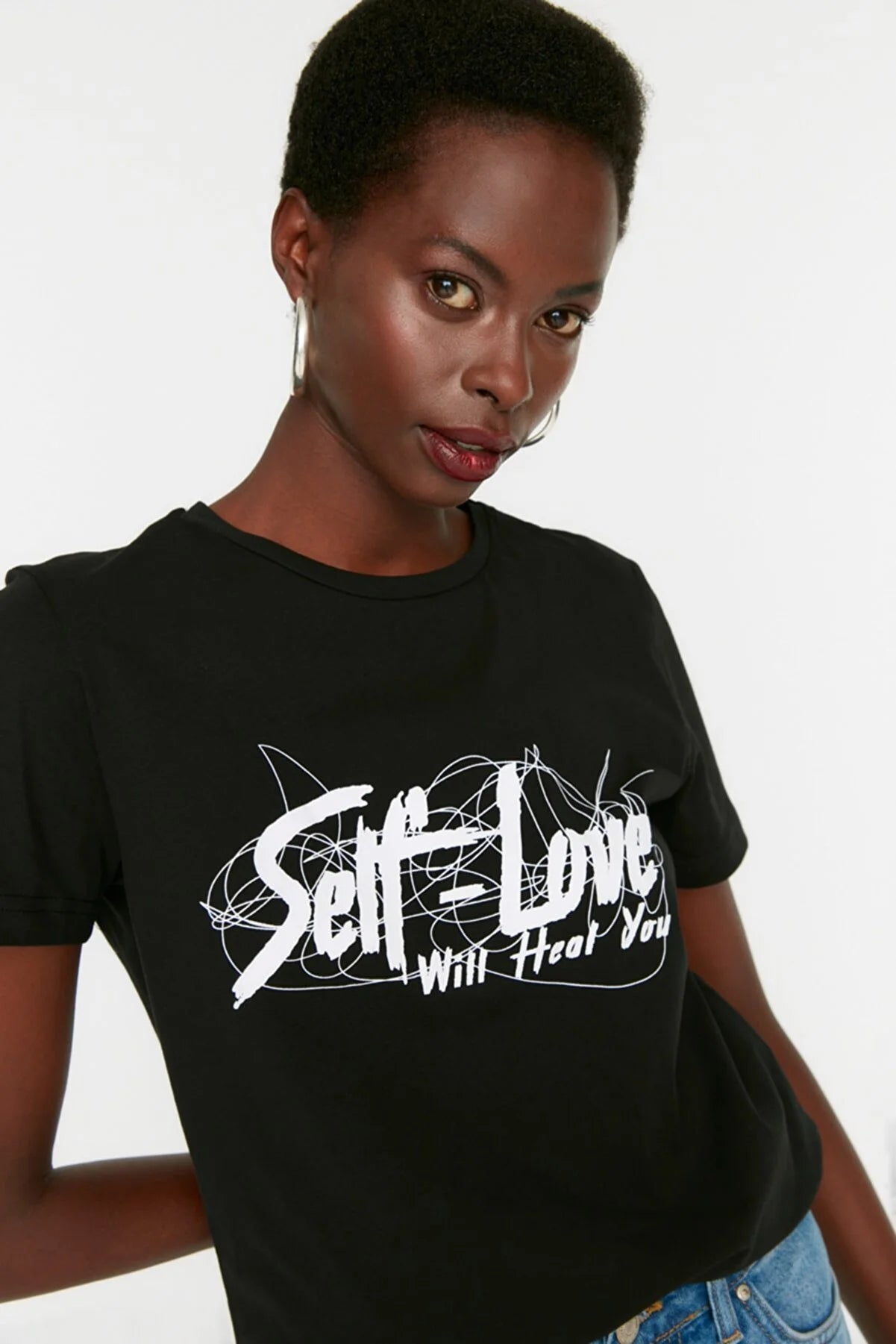 Black Printed Basic Knitted T-Shirt