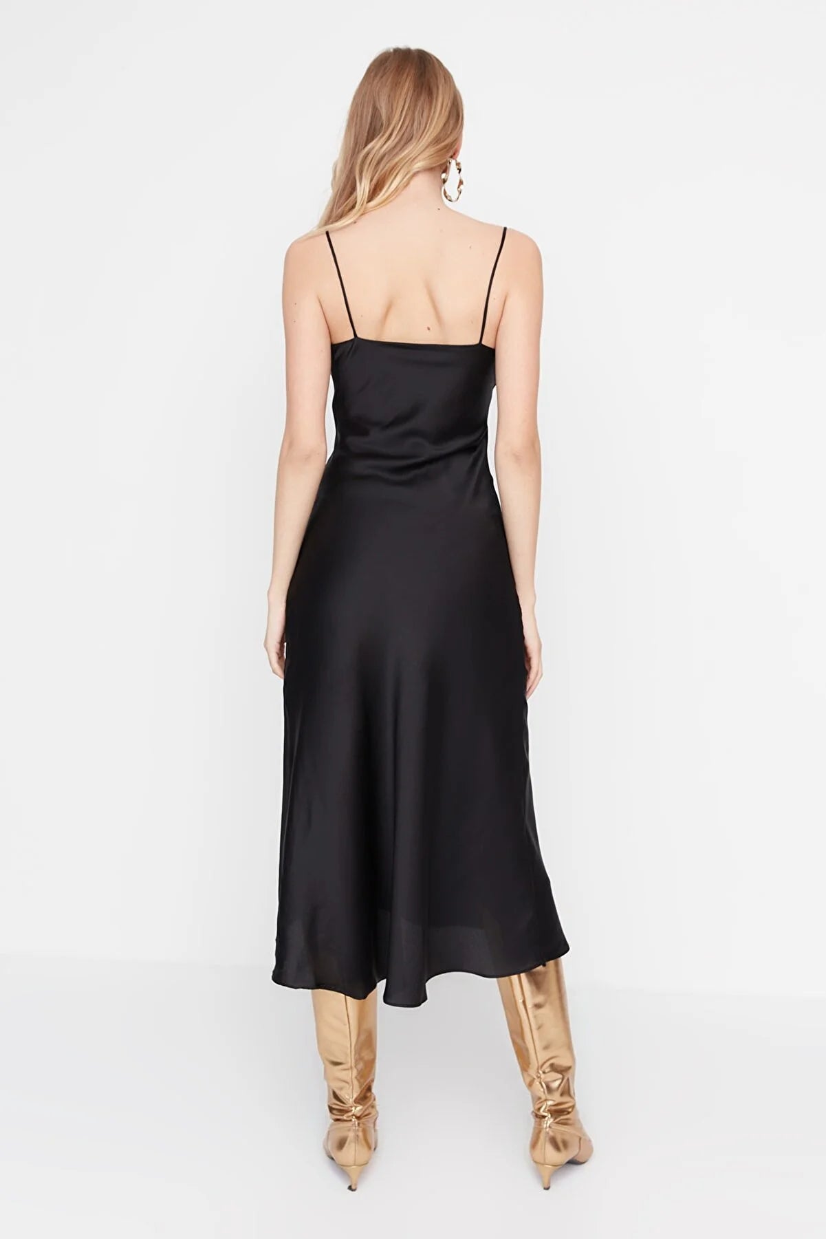 Black Plunging Collar Satin Dress