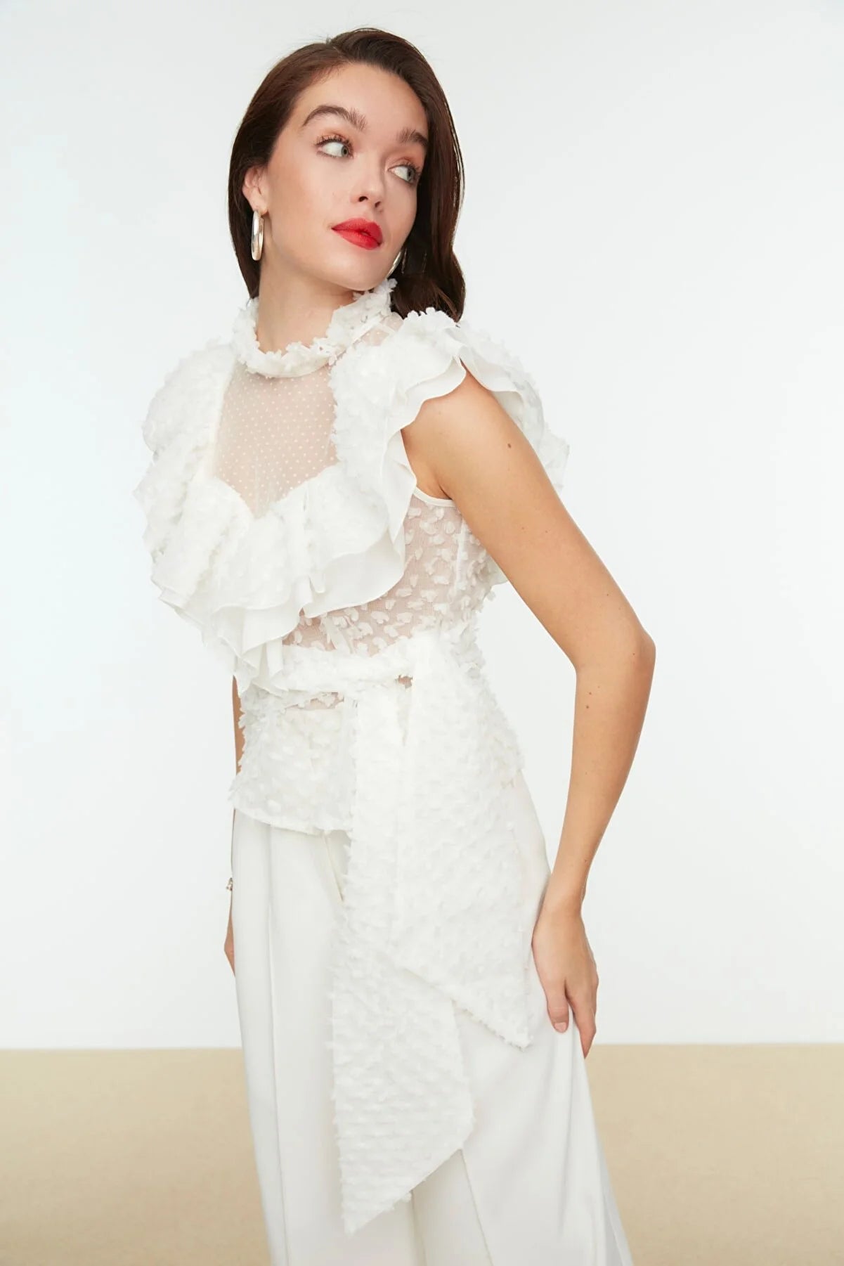 Ecru Tie Detailed Ruffle Blouse