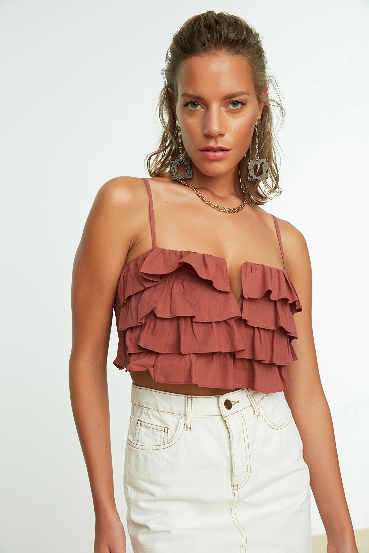 Brown Ruffled Flamed Cotton Crop Blouse
