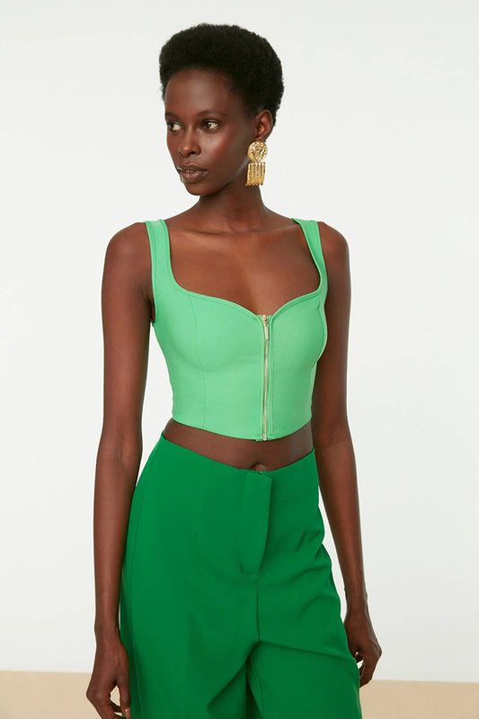 Green Zipper Detailed Blouse