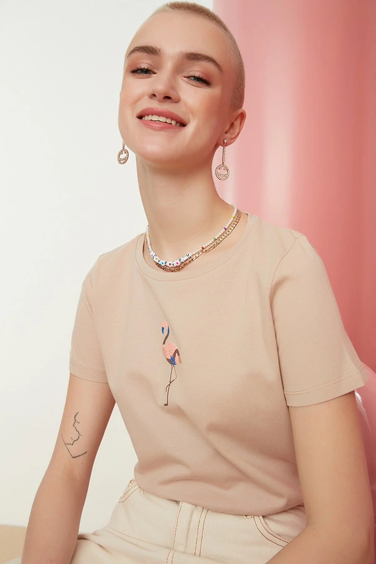 Beige Printed Basic Knitted T-Shirt