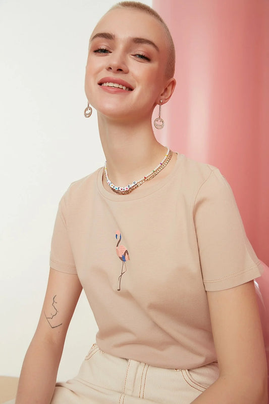 Beige Printed Basic Knitted T-Shirt