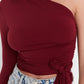 Claret Red One Sleeve Tie Detailed Fitted Knitted Blouse