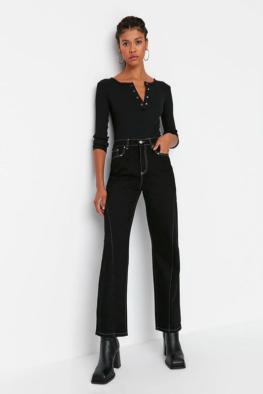Black Contrast Stitched High Waist Long Straight Jeans