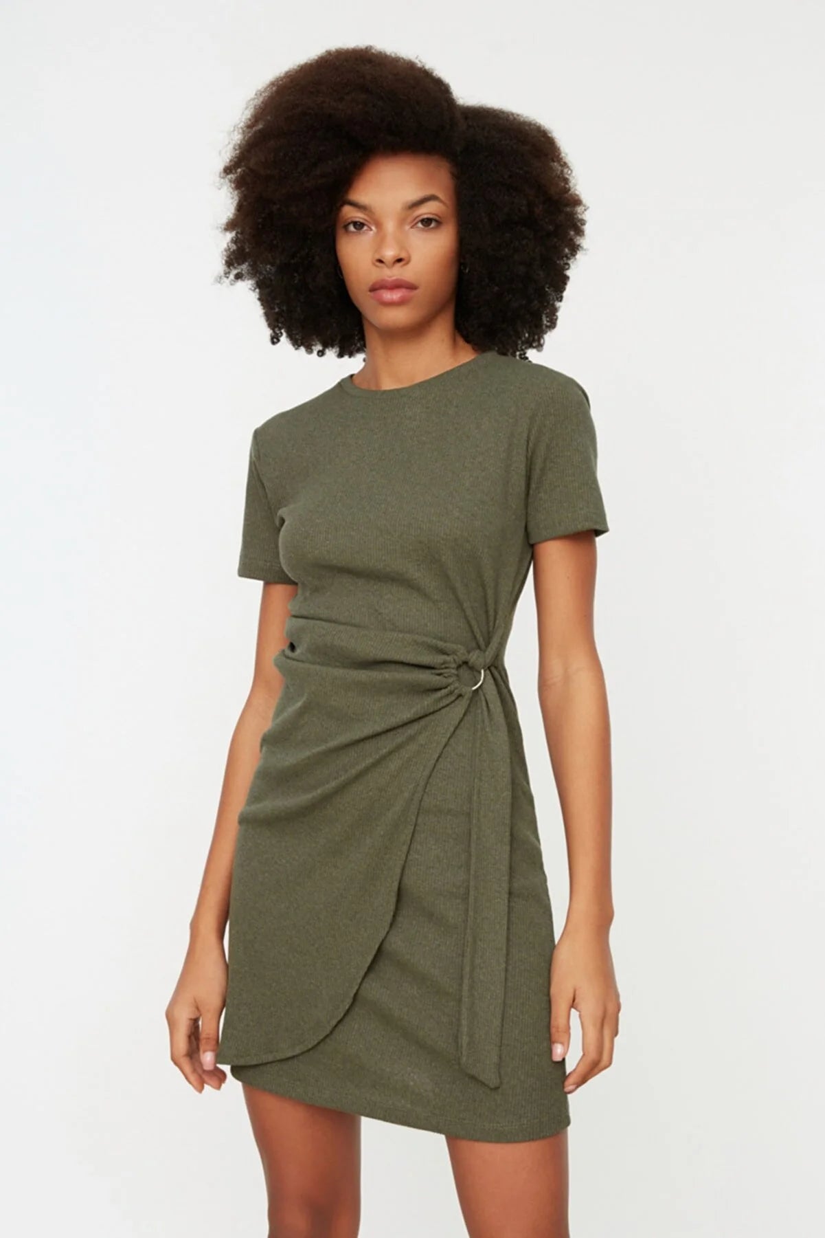 haki Buckle Detailed Corduroy Knitted Dress