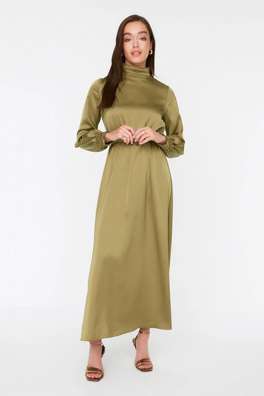 Green Belted Collar and Cuff Draped Detailed Evening Dress