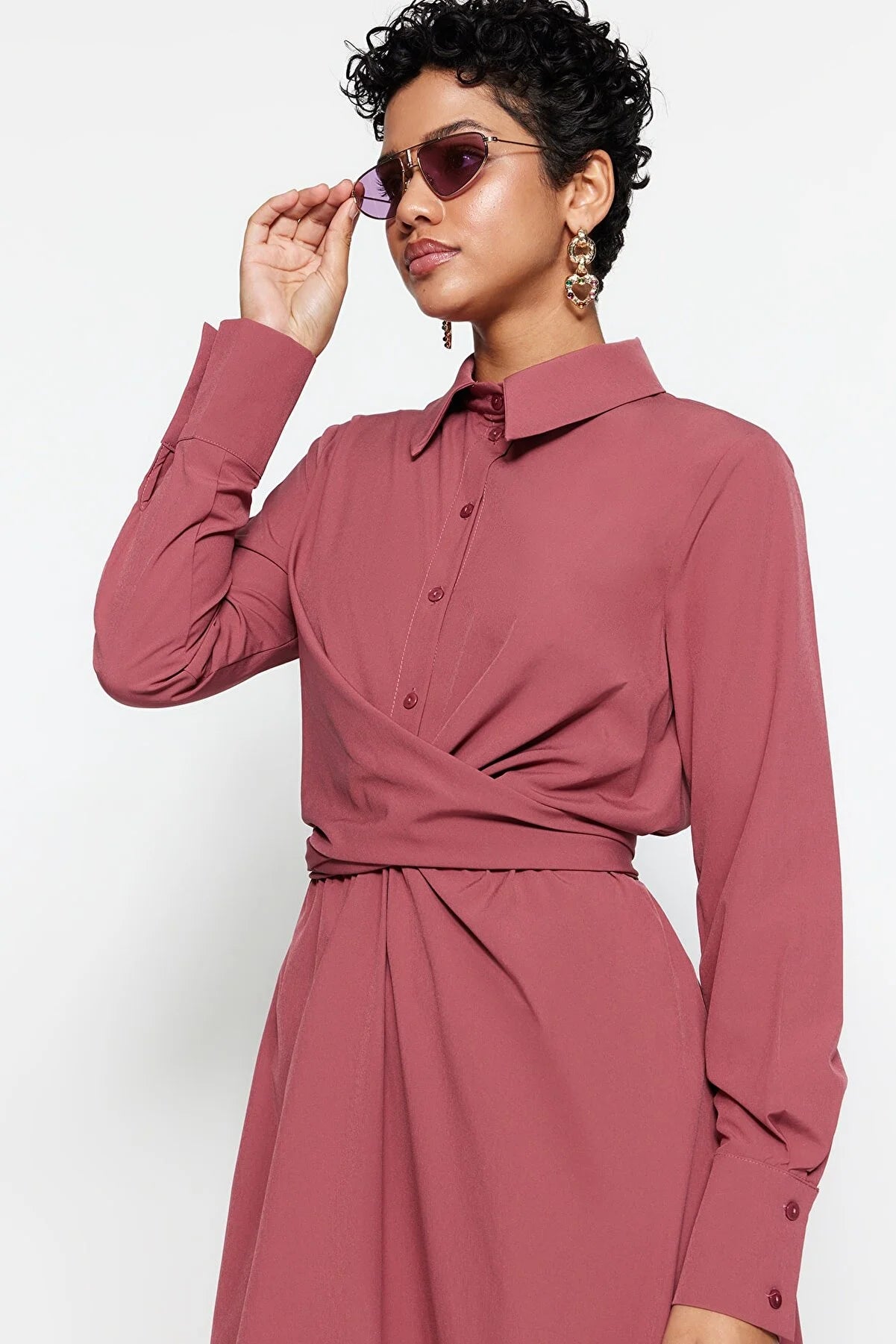 Dried Rose Lacing Detailed Half Pat Parachute Fabric Woven Dress