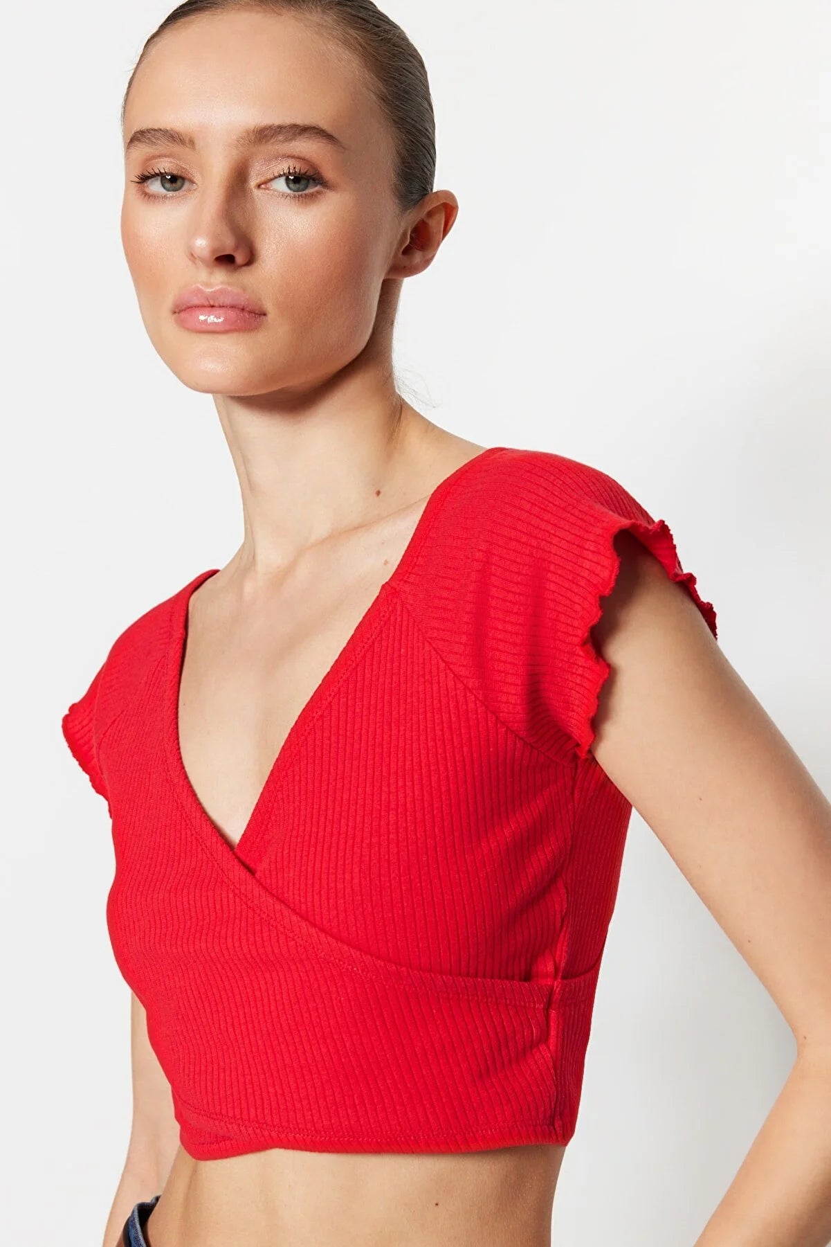 Red Ribbed Crop Knitted Blouse