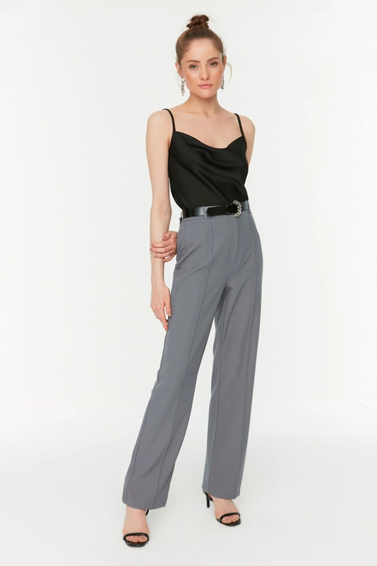 Gray High Waist Rib Stitched Trousers