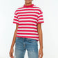 Pink Striped Basic Stand Up Collar Knitted T-Shirt