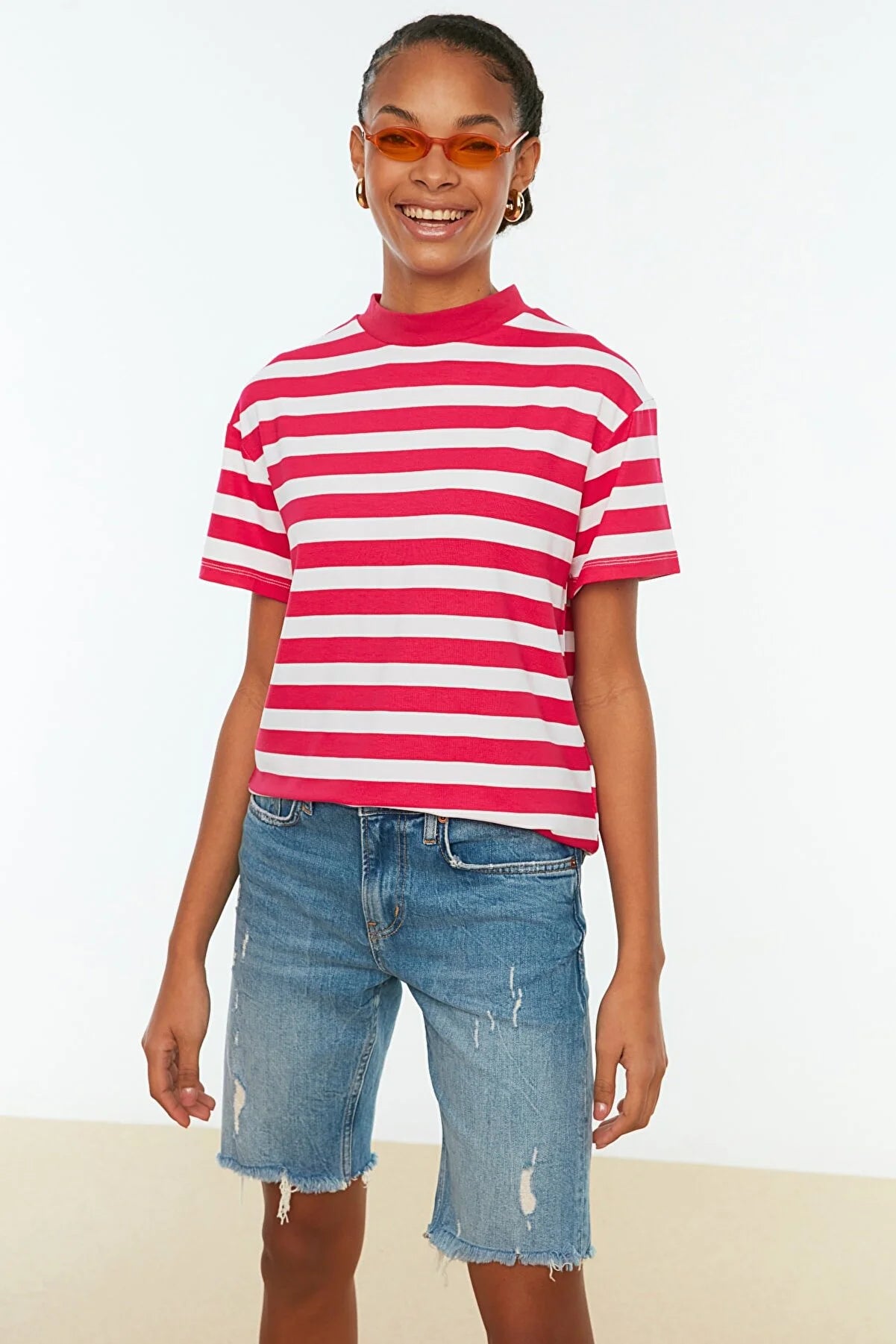 Pink Striped Basic Stand Up Collar Knitted T-Shirt