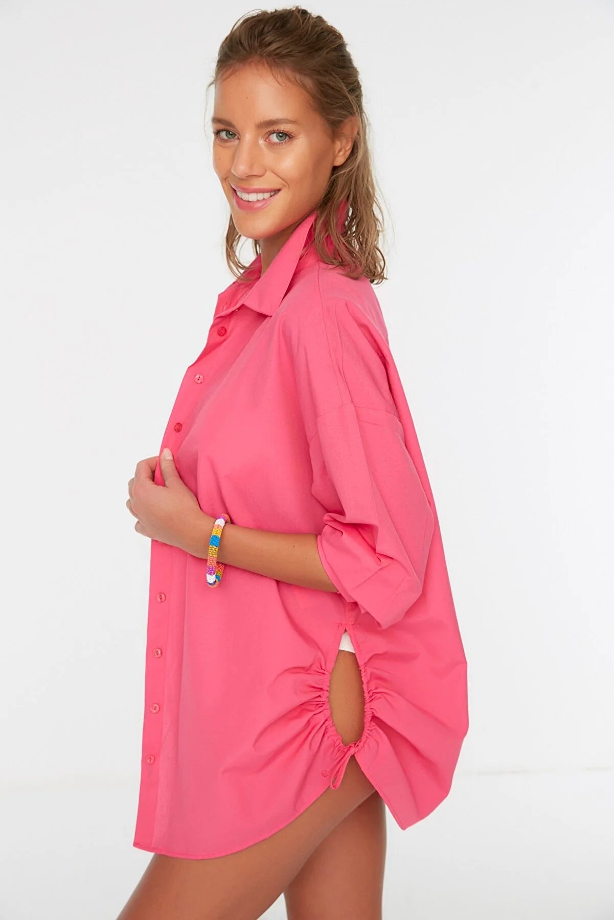 Fuchsia Pleated Woven Beach Shirt