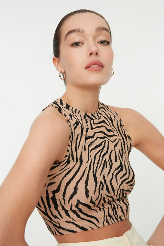 Camel Halter Collar Corduroy Knitted Blouse