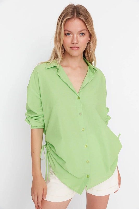 Green Pleated Woven Beach Shirt