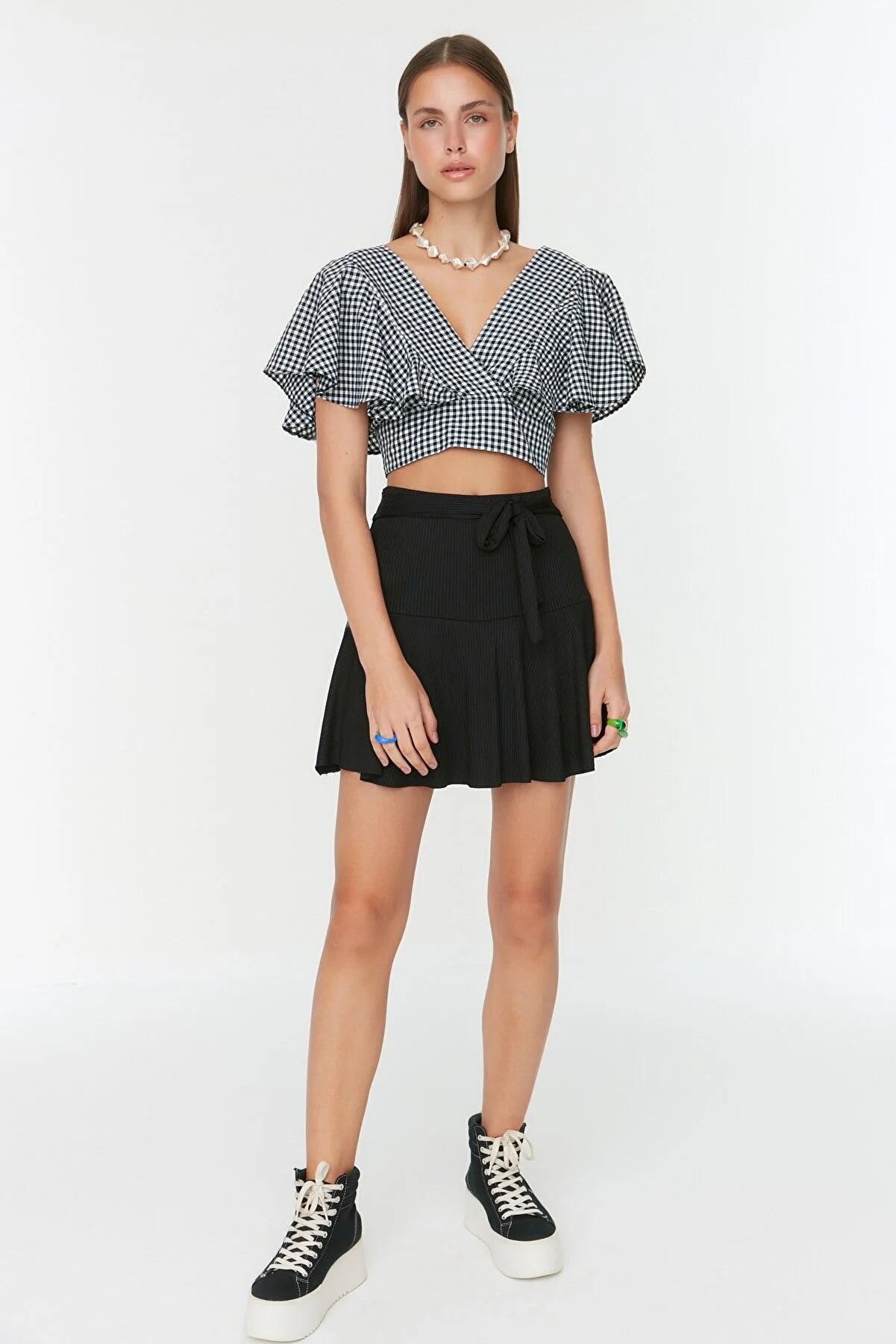 Black Skirt Look Ribbed Knitted Shorts & Bermuda