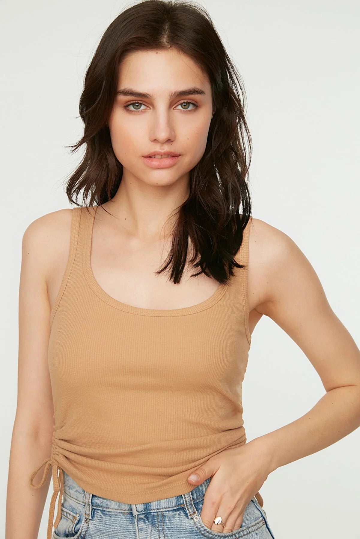 Camel Shirred Detailed Knitted Singlet