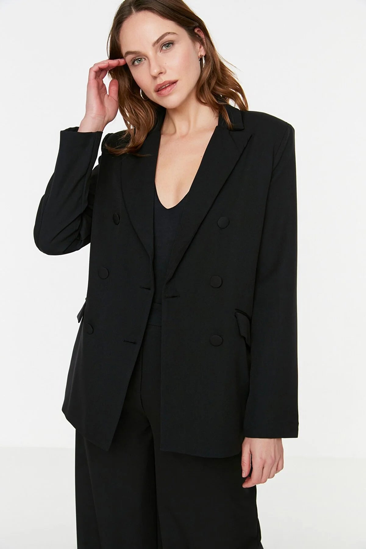 Black Button Detailed Blazer Jacket