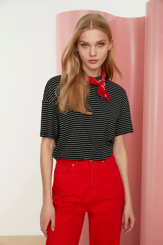 Black Striped Loose Knitted T-Shirt