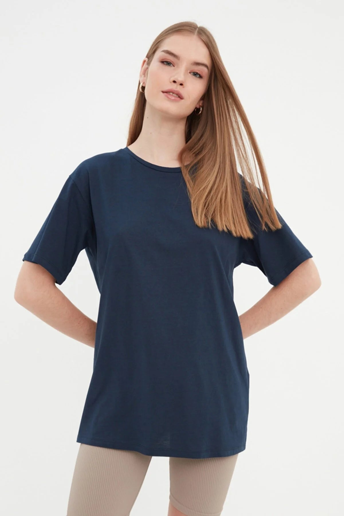 Navy Blue Printed Boyfriend Knitted T-Shirt