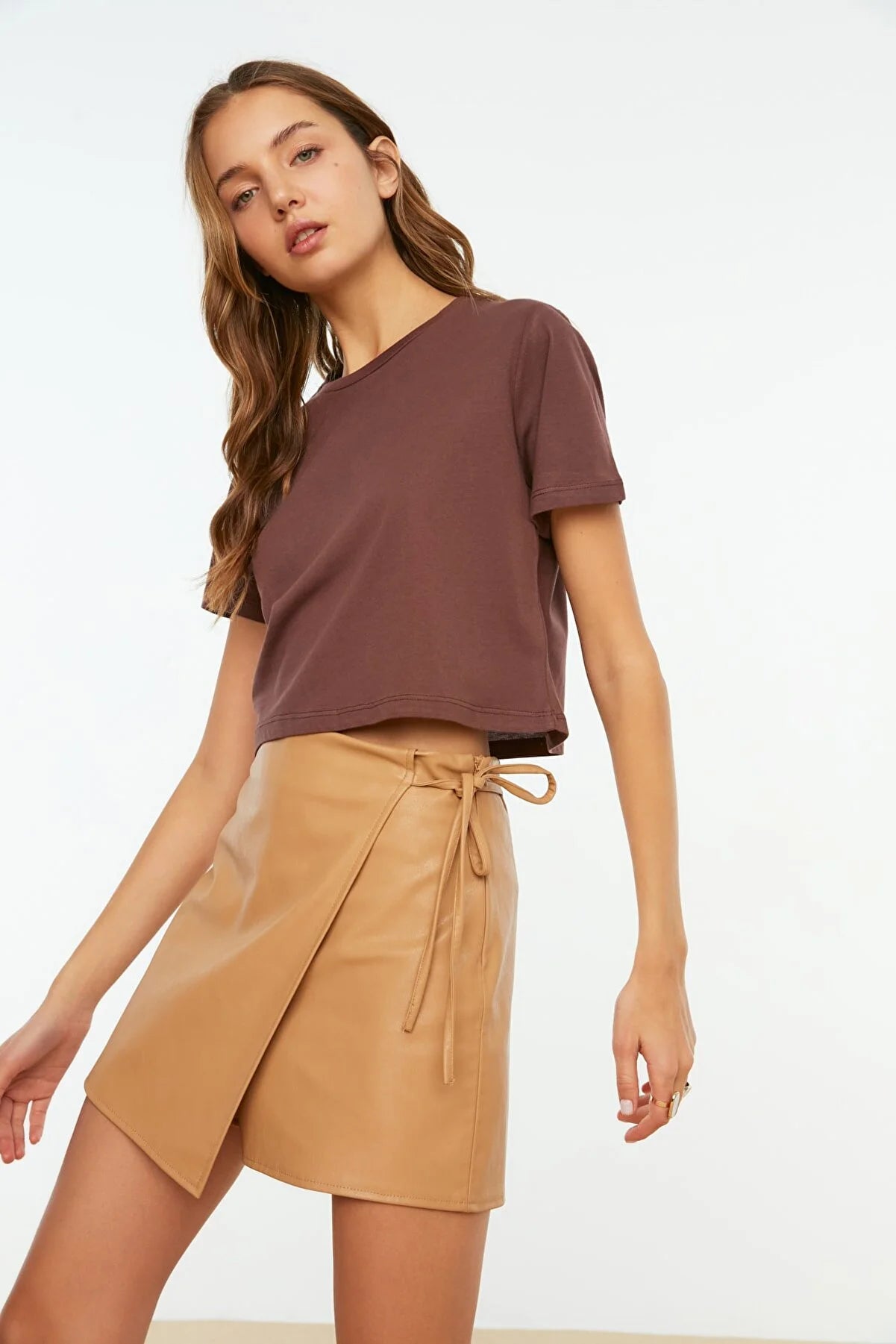 Brown Crew Neck Crop Knitted T-Shirt