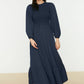 Navy Blue Gipe Detailed Crew Neck Woven Dress