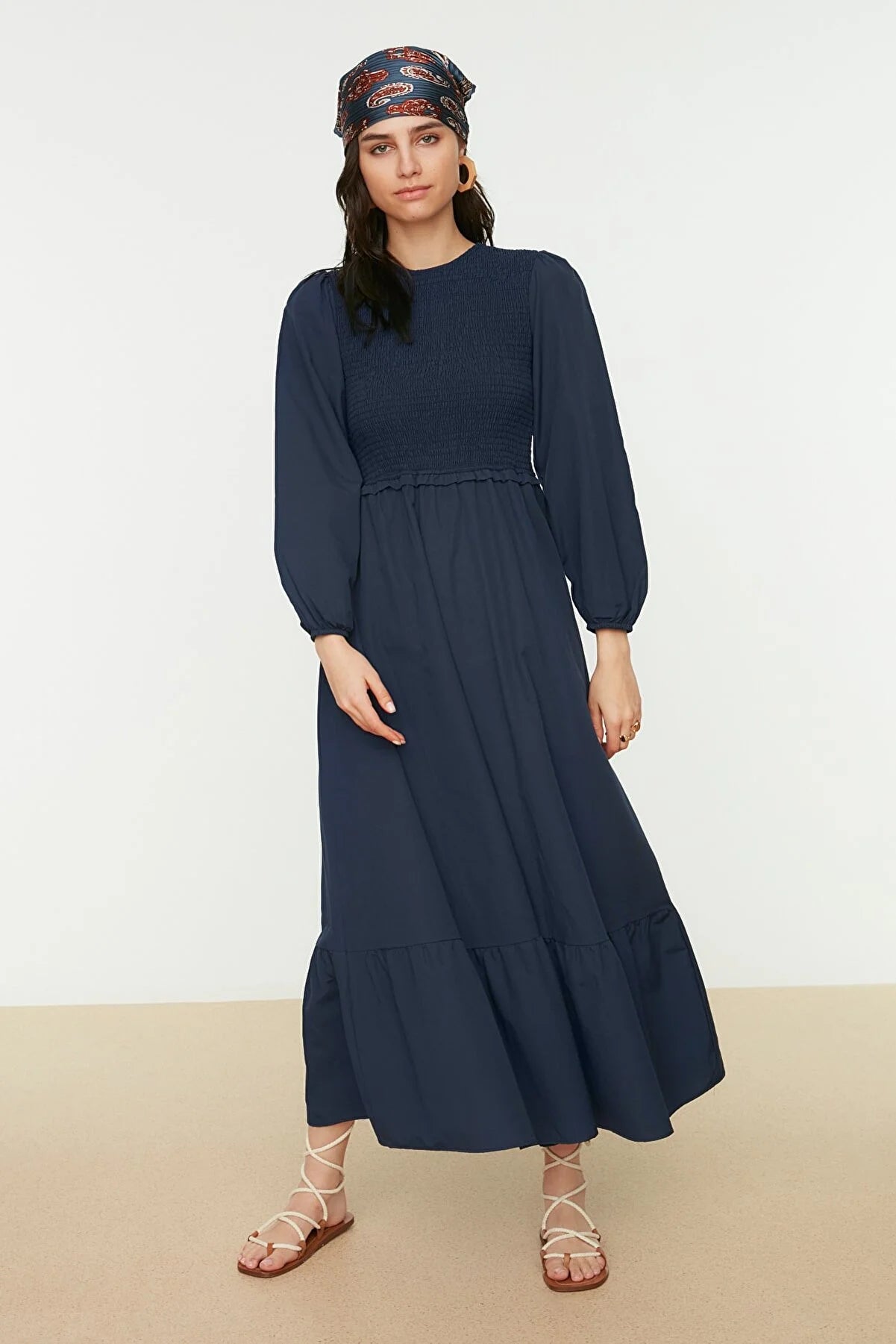 Navy Blue Gipe Detailed Crew Neck Woven Dress