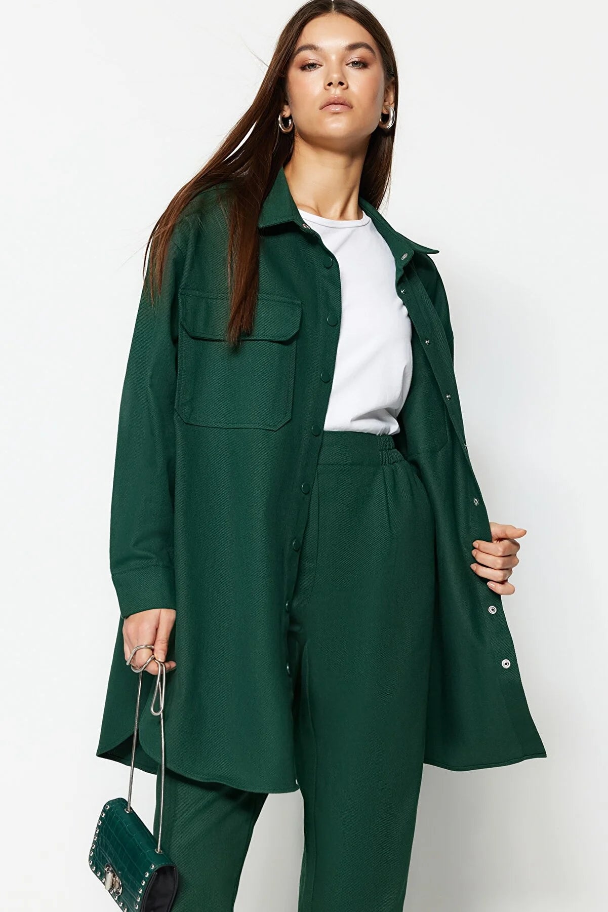 Dark Green Pocket Detailed Snap Closure Shirt-Pants Woven Suit
