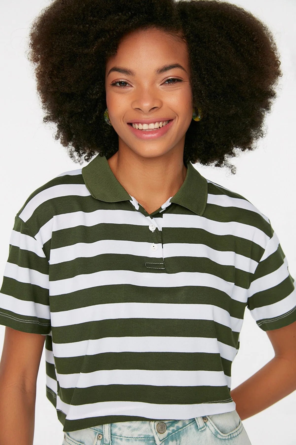 Khaki Crop Polo Neck Knitted T-Shirt