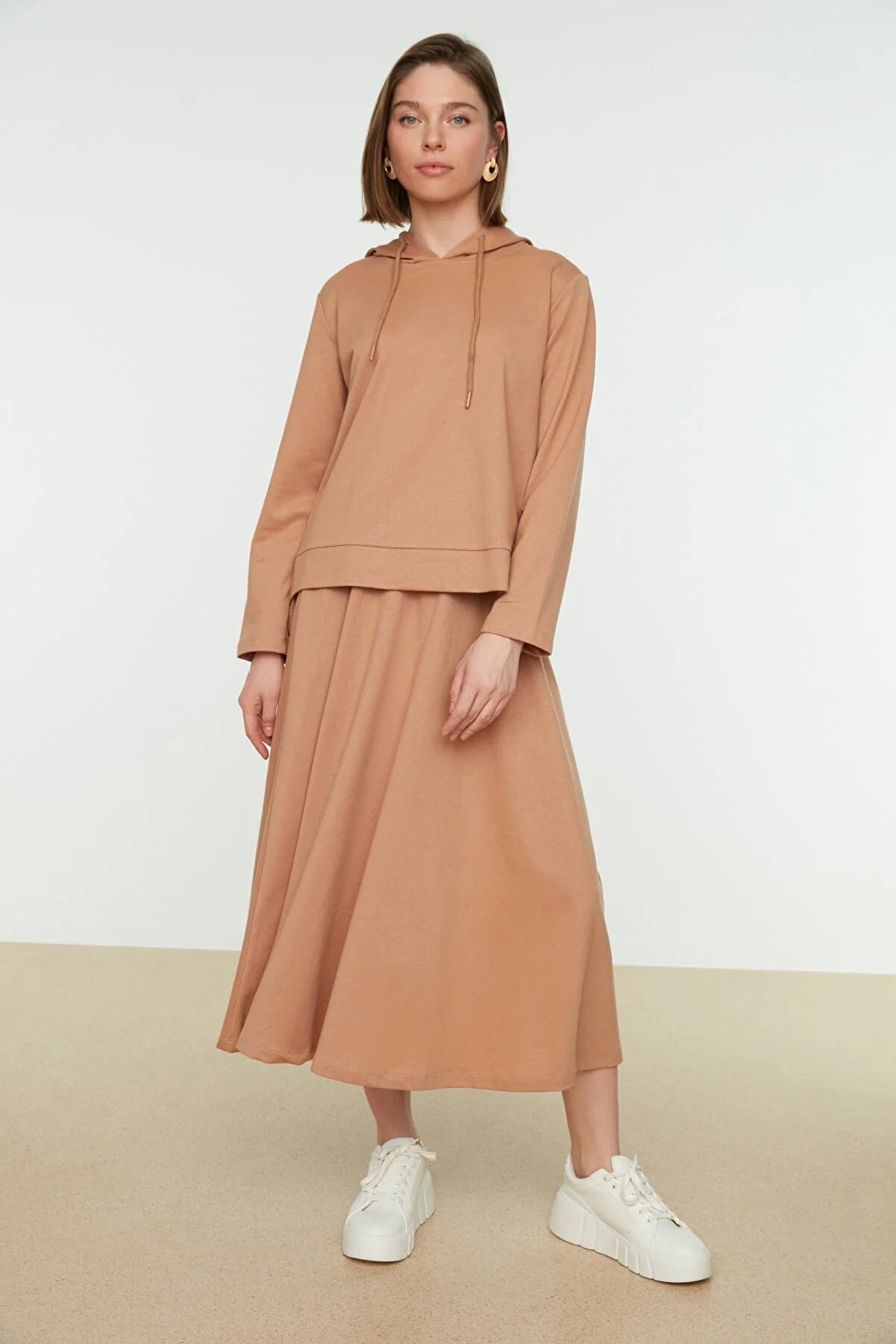 Beige Hooded Sweatshirt-Skirt Knitted Suit