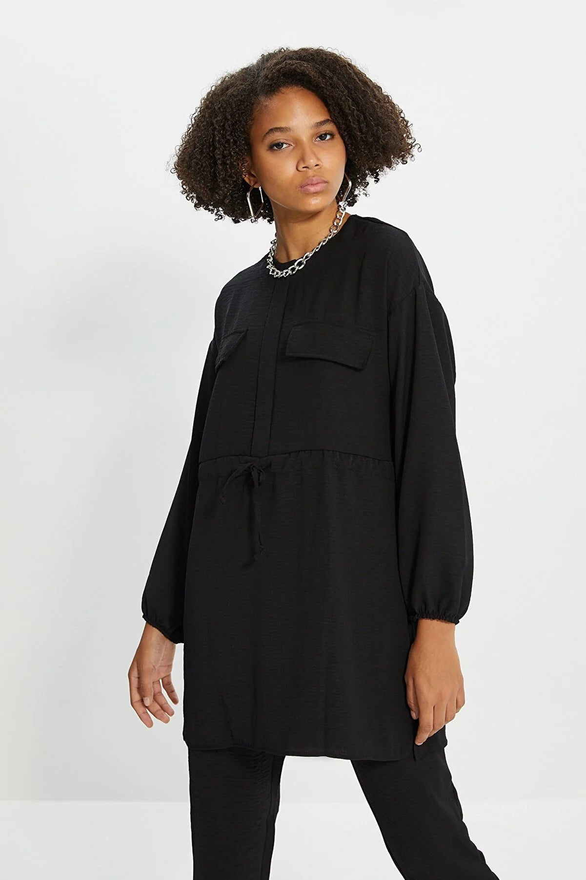 Black Tie Waist Pocket Detailed Aerobin Shirt-Pants Set