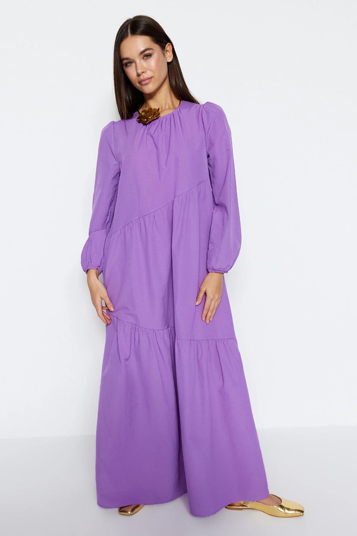 Purple Ruffle Detailed Crew Neck Cotton Woven Dress