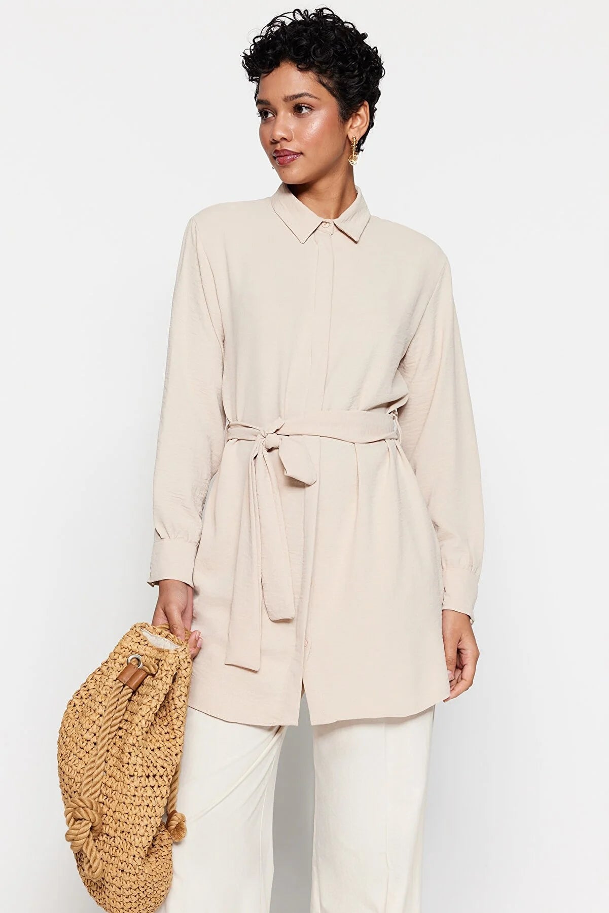 Stone Belted Hidden Pat Woven Shirt