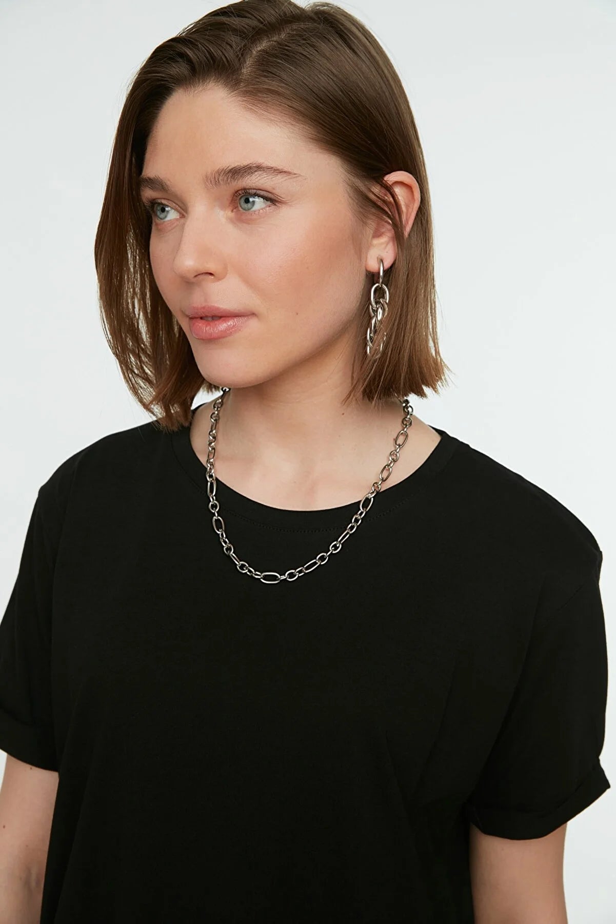 Black Basic Short Sleeve Slit Single Jersey T-Shirt