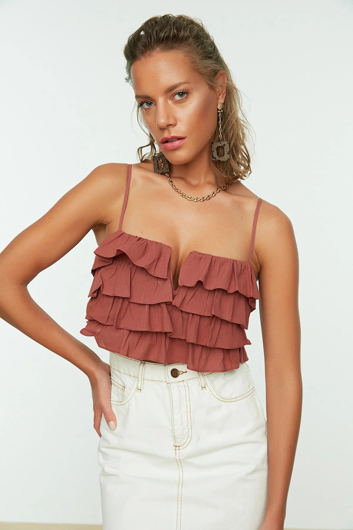 Brown Ruffled Flamed Cotton Crop Blouse