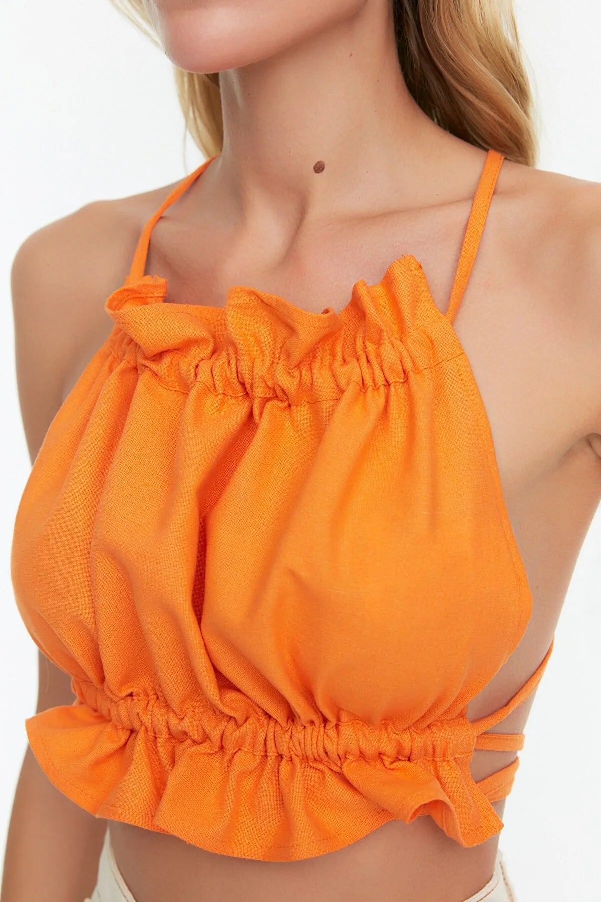 Orange Ruffle Detailed Linen Blend Blouse